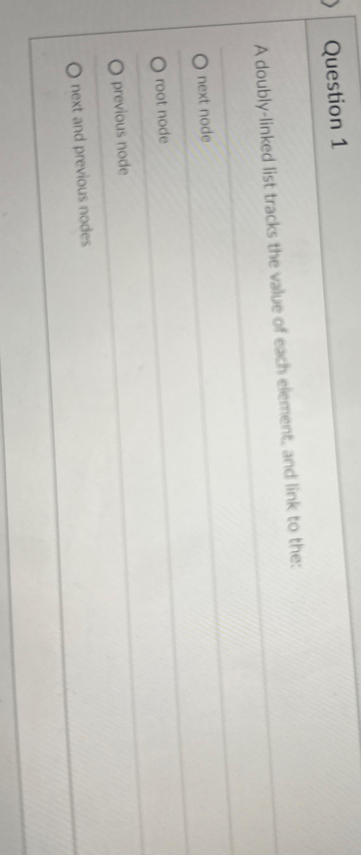  Question 1 A doubly-linked list tracks the value of cach clement.