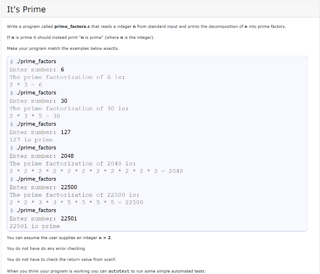  It's Prime Write a program called prime_factors.c that reads a integer