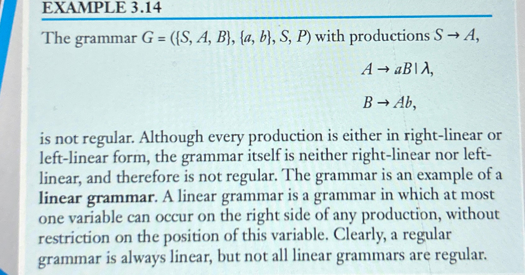  EXAMPLE 3.14 The grammar G=({S,A,B},{a,b},S,P) with productions SA, AaB|,| BAb, is