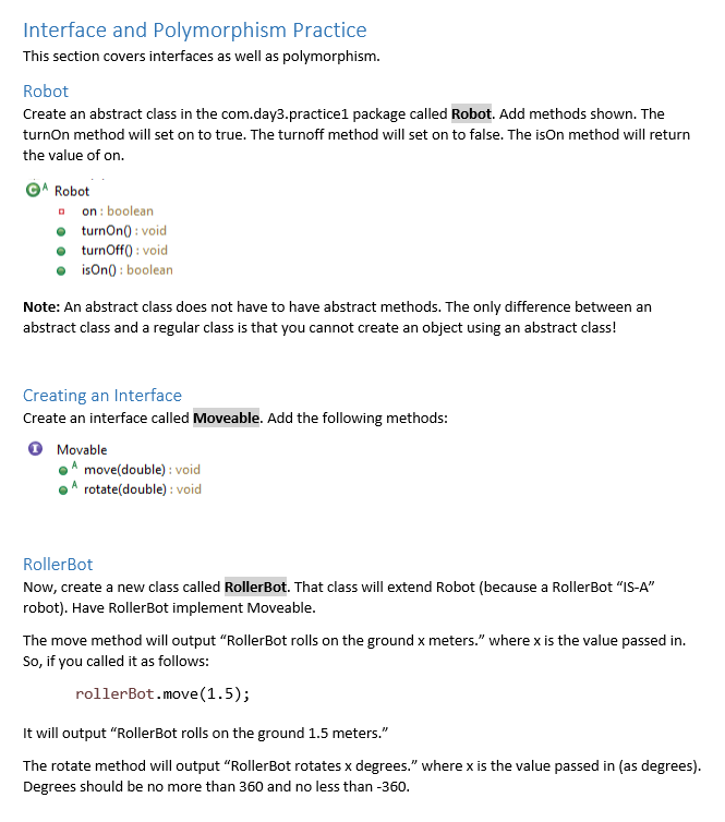  Interface and Polymorphism Practice This section covers interfaces as well as