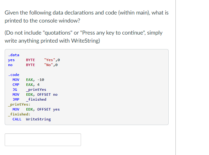 The question being asked is using MASM x86 assembly language, please explain