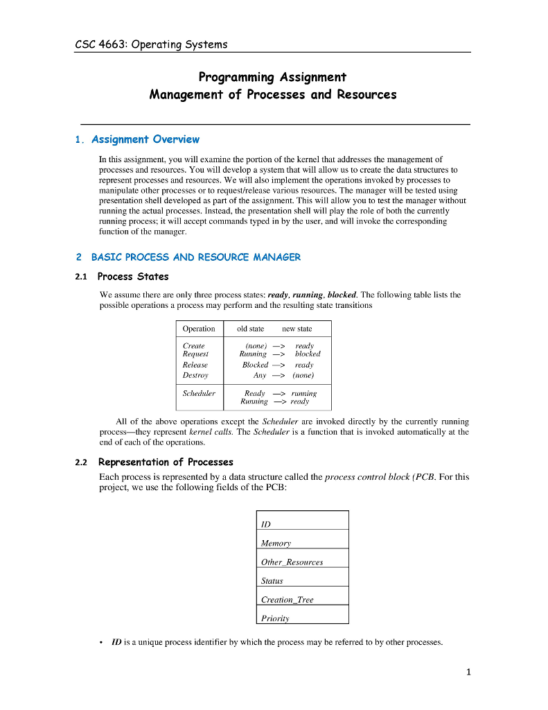 CSC 4663: Operating Systems Programming Assignment Management of Processes and Resources