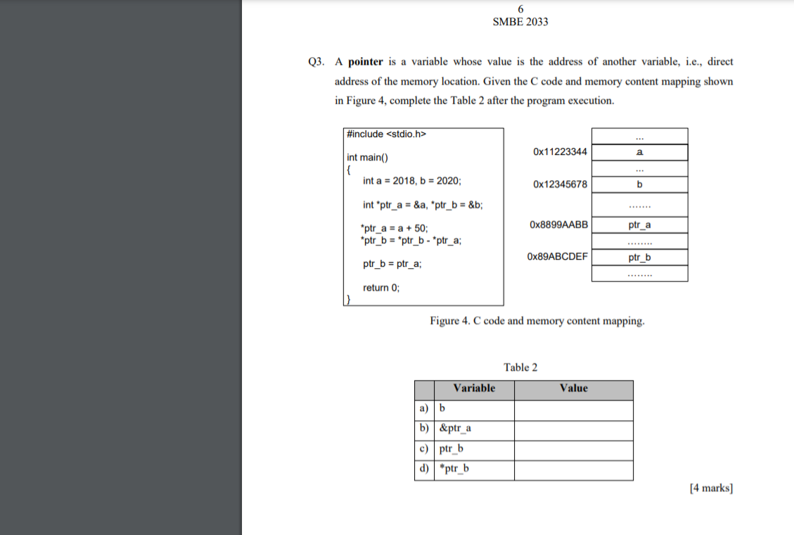 6 SMBE 2033 Q3. A pointer is a variable whose value