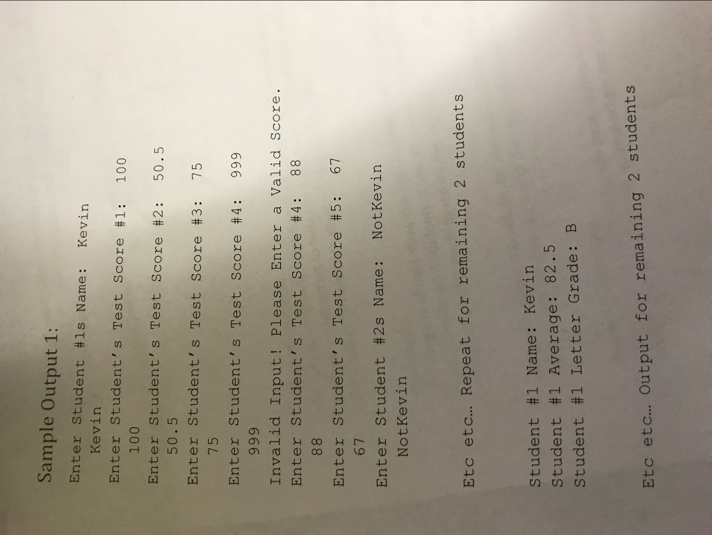 letter grades of 3 students based off 5 test scores for each