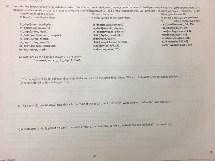  Please help 51. Consider the following university data base, which has