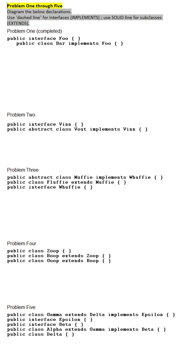 Java Problem One through Five Diagram the below declarations. Use 'dashed line'