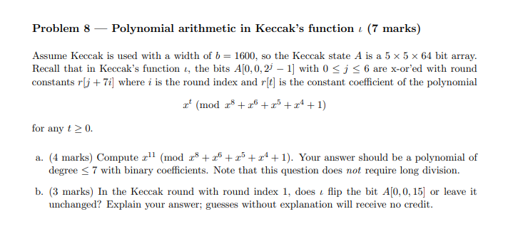 question b Problem 8 Polynomial arithmetic in Keccak's function (7 marks)