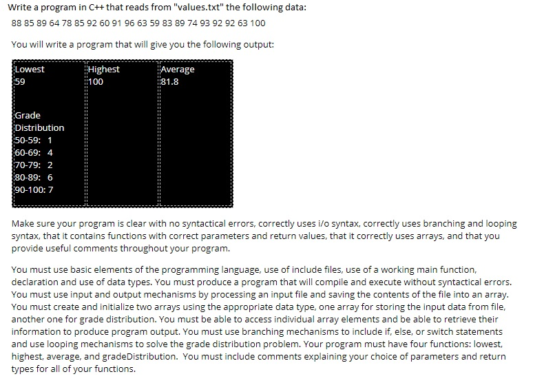  Write a program in C++ that reads from "values.txt" the following