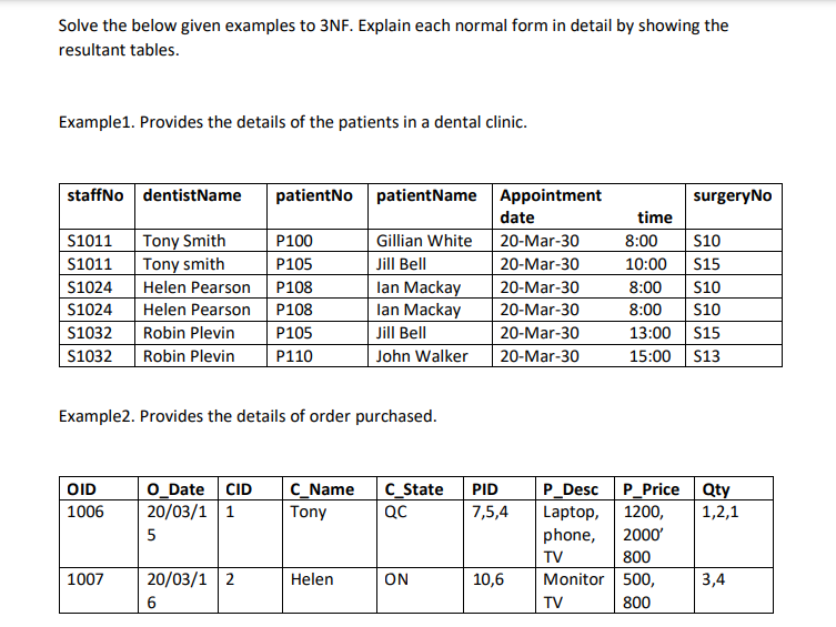 Solve the below given examples to 3NF. Explain each normal form in