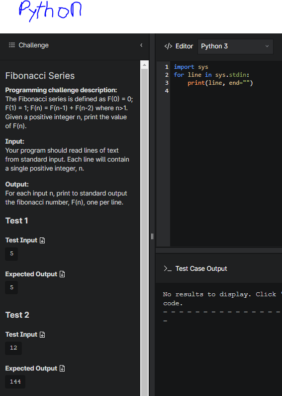  Python Challenge > Editor Python 3 1 import sys 2 for