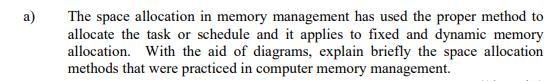 a) The space allocation in memory management has used the proper
