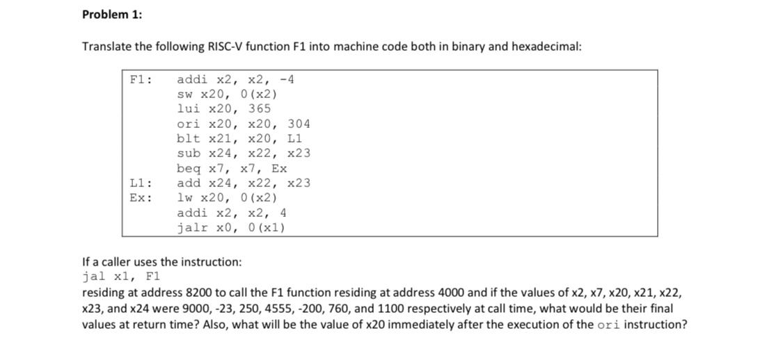  Translate the following RISC-V function F1 into machine code both in