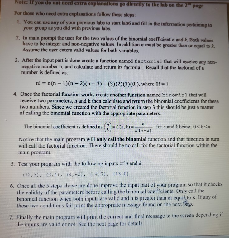 that uses a function to compute the binomial coefficients (the number of