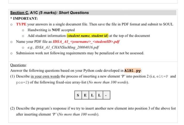  Section C, A1C (5 marks): Short Questions * IMPORTANT: - TYPE