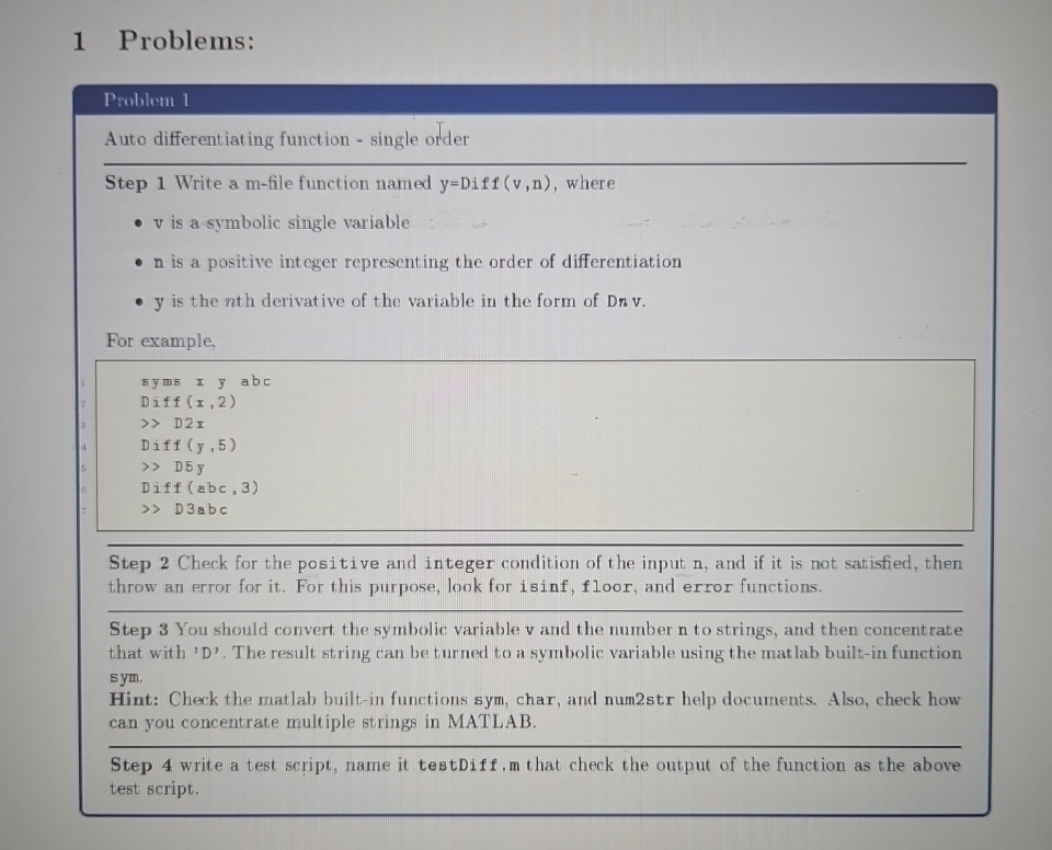  1 Problems: Problem 1 Auto differentiating function - single order Step