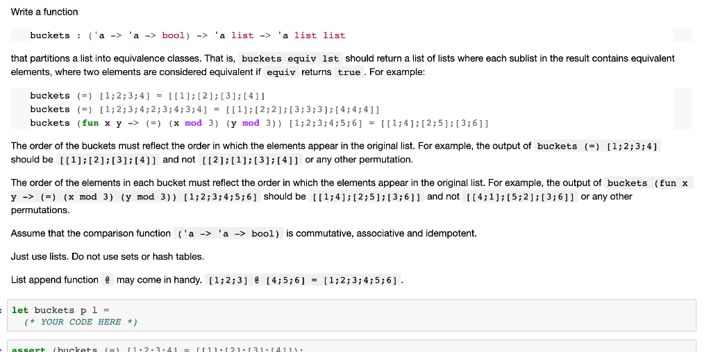 in ocaml language Write a function buckets : ('a -> 'a ->