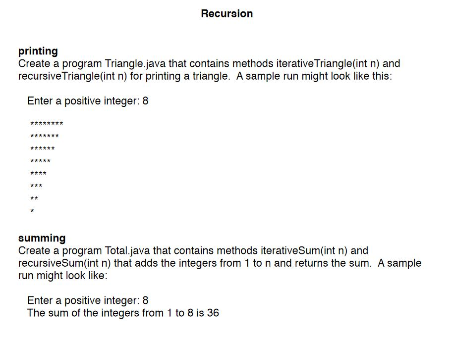 Java help. Create a program Triangle that contains methods iterative Triangle (int
