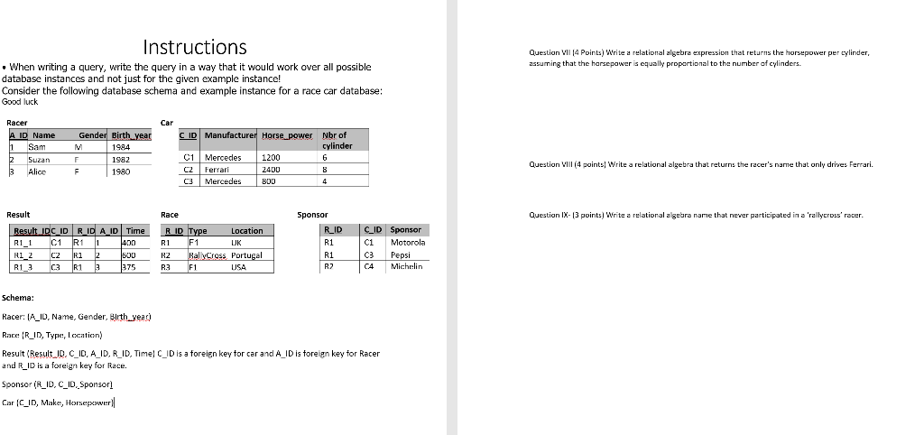  Question VII (4 Points) Write a relational algebra expression that returns
