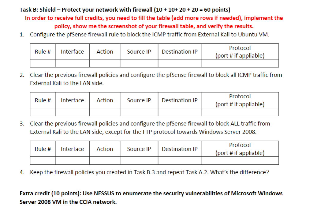  Task B: Shield - Protect your network with firewall (10+10+20+20=60 points)