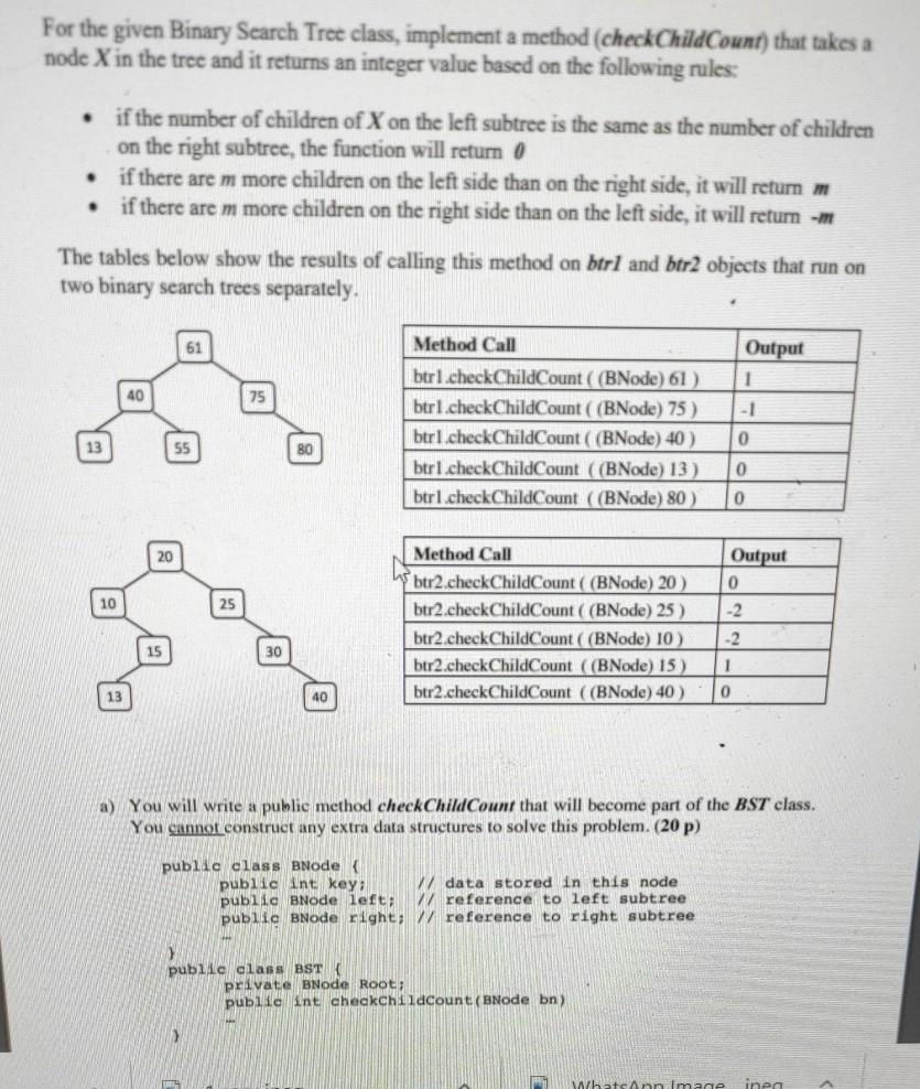 For the given Binary Search Tree class, implement a method (checkChild
