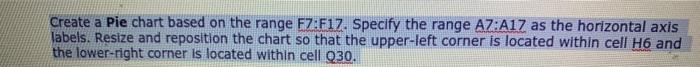  Create a Pie chart based on the range FZ:F17. Specify the