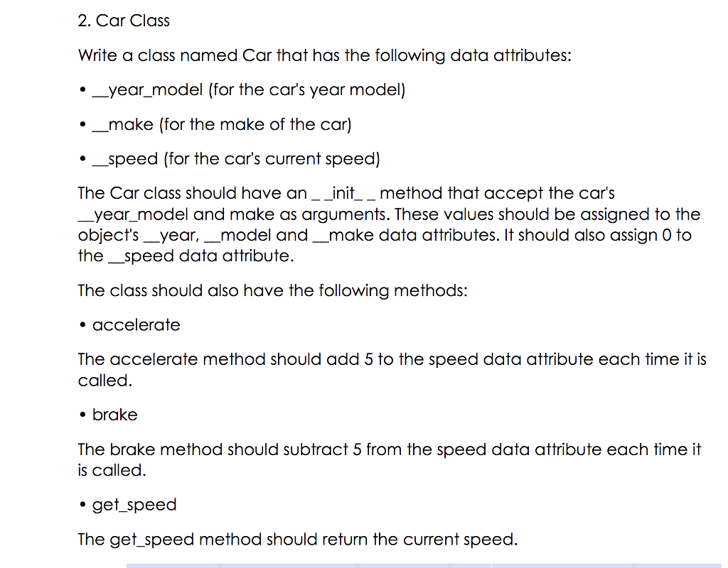 must be in python, really need correct code 2. Car Class Write