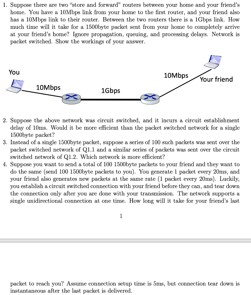  1. Suppose there are two "store and forward routers between your