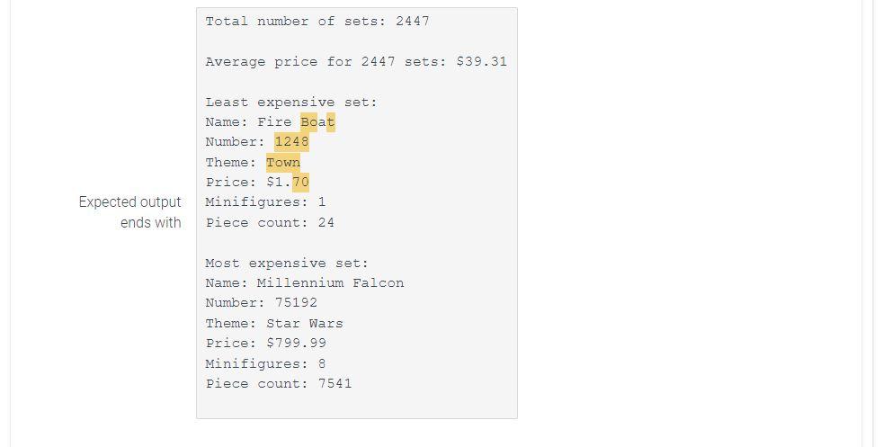 for loaded sets - average, least/most expensive Output differs. See highlights below.