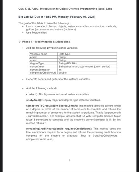 in java CSC 170L-A/B/C Introduction to Object-Oriented Programming (Java) Labs Big Lab