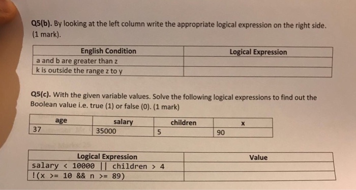  Computer programming Q5(b). By looking at the left column write the