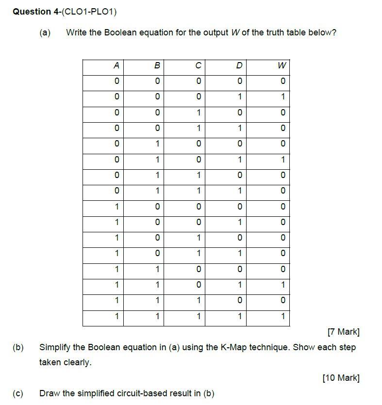 Question 4-(CLO1-PLO1) (a) Write the Boolean equation for the output W