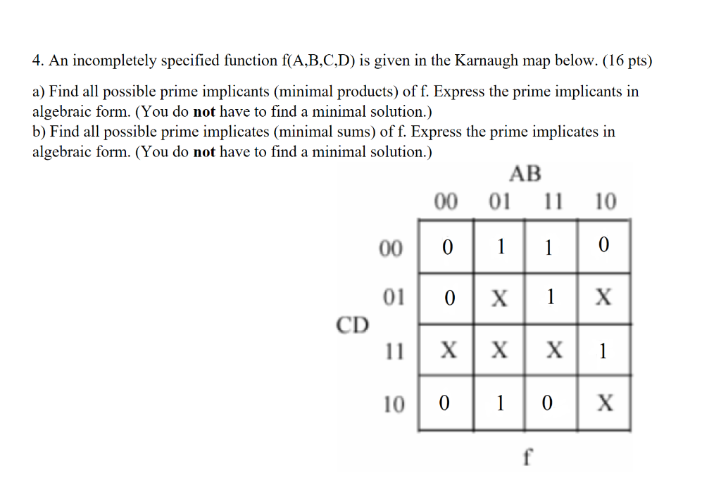  4. An incompletely specified function f(A,B,C,D) is given in the Karnaugh