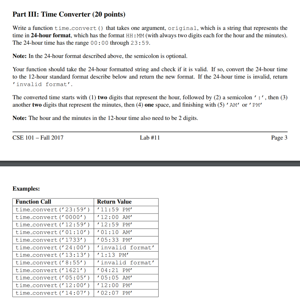 Write a function time convert() that takes one argument, original, which is