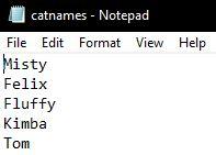 the contents of the catnames.txt file. d. Add two cat names to