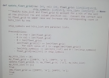  def update_fleet_grid(row: int, col: int, fleot_gridt Hist[1ist[str]], ship_symbols: list[str], hits_listi list[int])