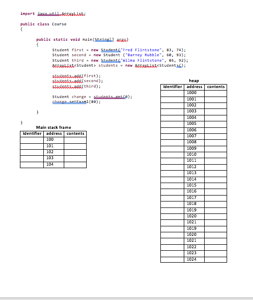 of the main program in the Course class using a memory diagram