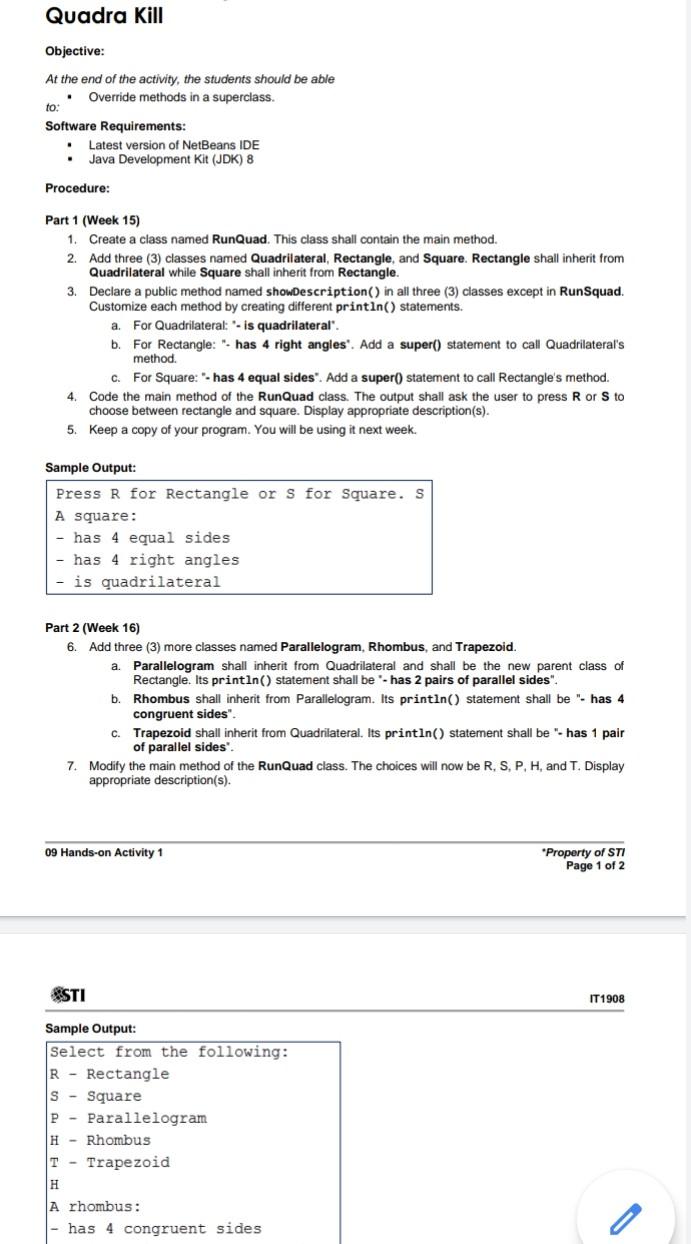  ADVANCED JAVA PROGRAMMING Quadra Kill Objective: At the end of the
