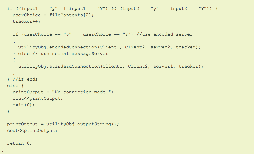 == "y" || userChoice == "Y") //use encoded server { utilityObj.encodedConnection(Client1, Client2,