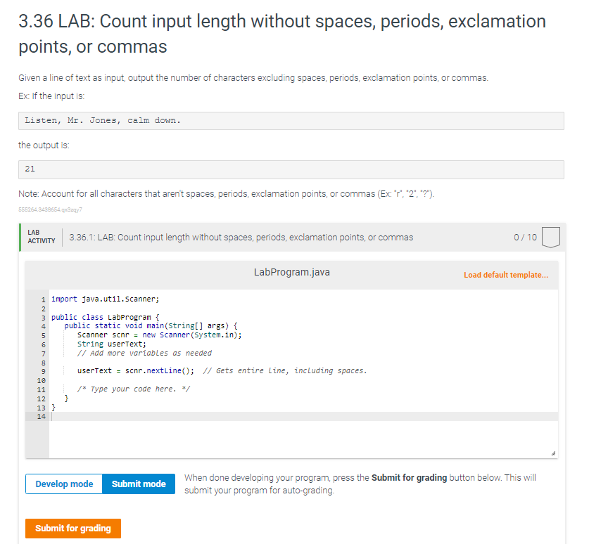  3.36 LAB: Count input length without spaces, periods, exclamation points, or