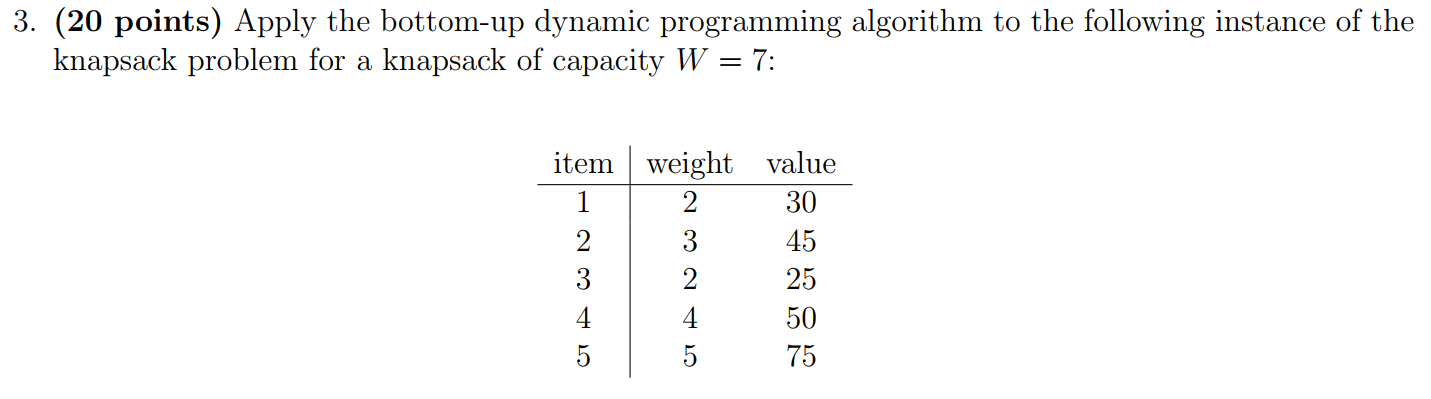  3. (20 points) Apply the bottom-up dynamic programming algorithm to the