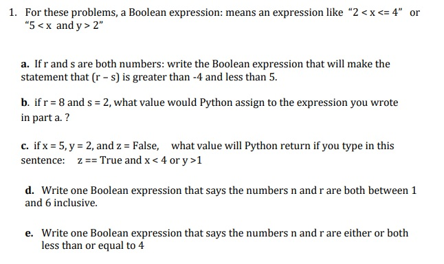  Python and Boolean question: For these problems, a Boolean expression :