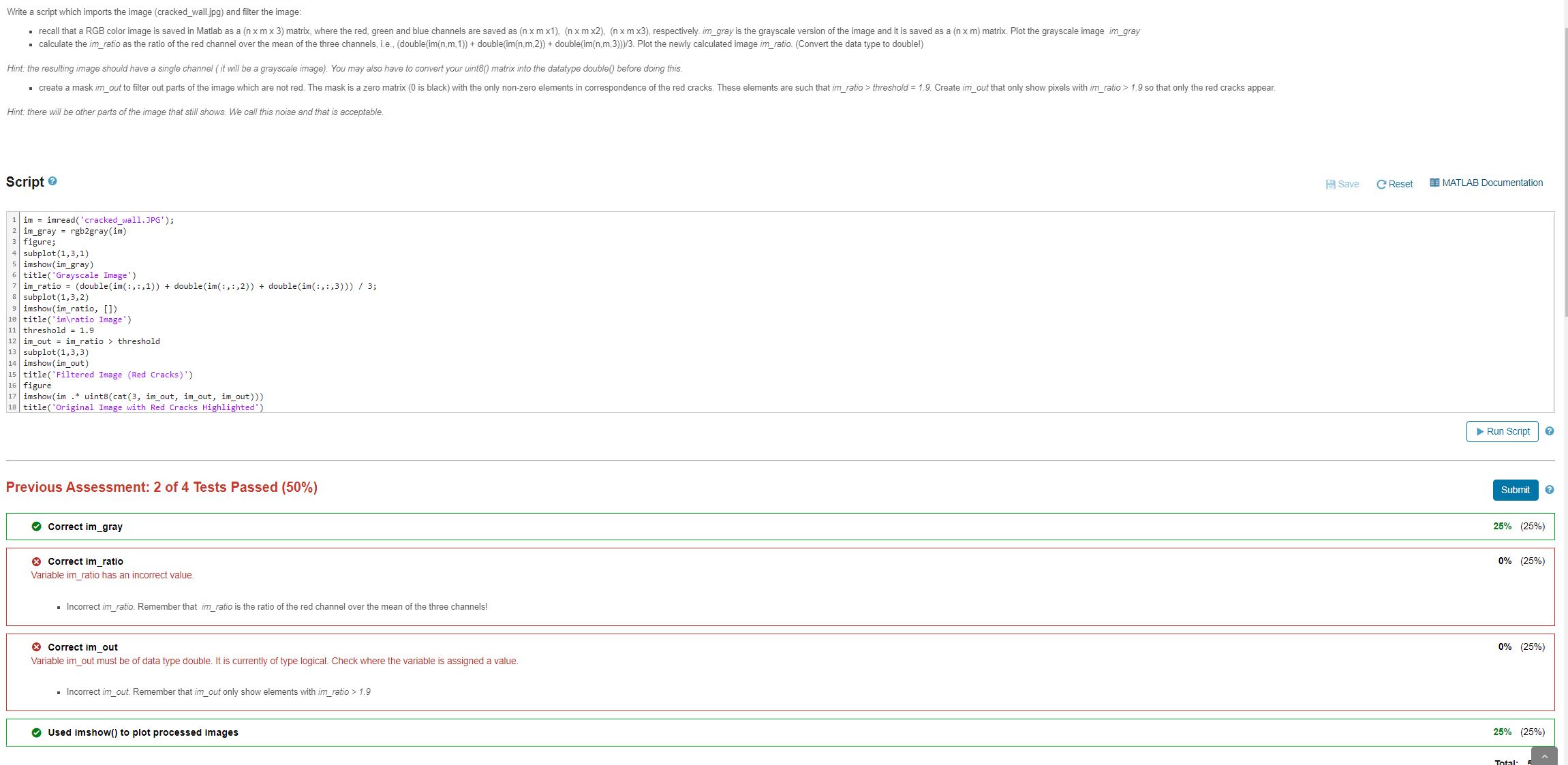  Write a script which imports the image (cracked_wall.jpg) and filter the