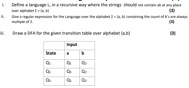 (i) Define a language L, in a recursive way where the strings