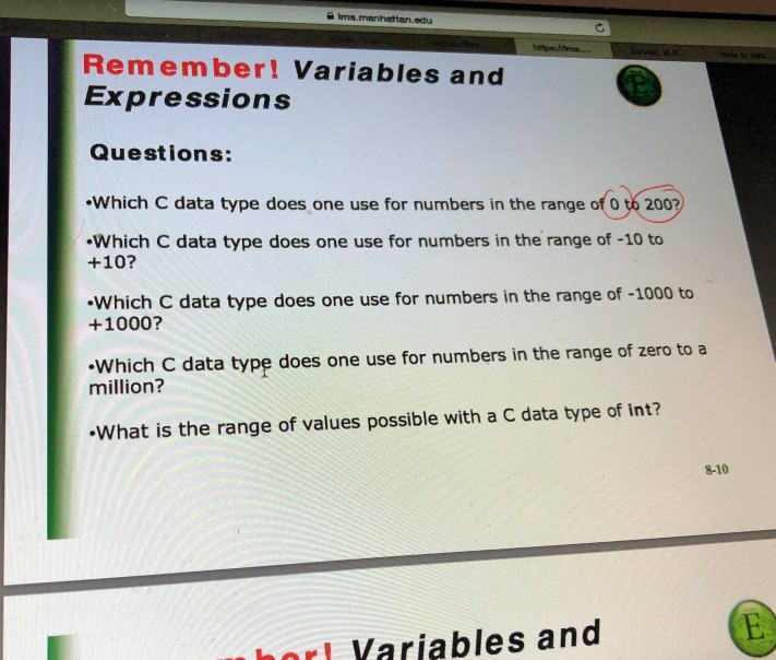  Irma edu Remember! Variables and Expressions Questions: Which C data type