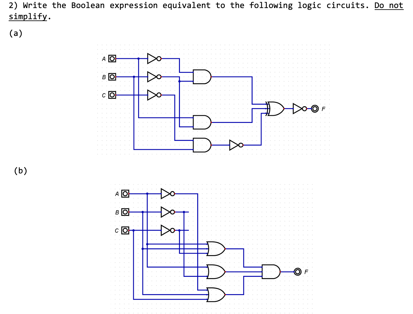 2) Write the Boolean expression equivalent to the following logic circuits.