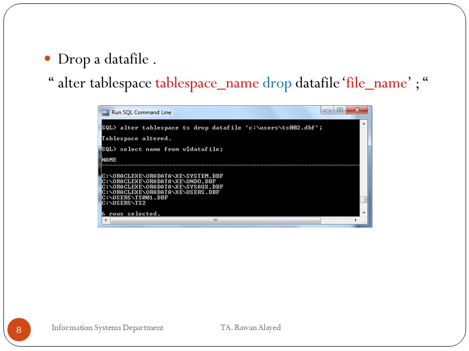size 1000m Tablespace created. SQL> select nane fro vSdatafile NAME C:NORACLEXE ORADATANXENSYSTEM.