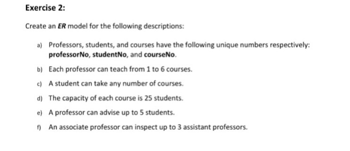  Entity relationship modeling Please write clearly. Exercise 2: Create an ER