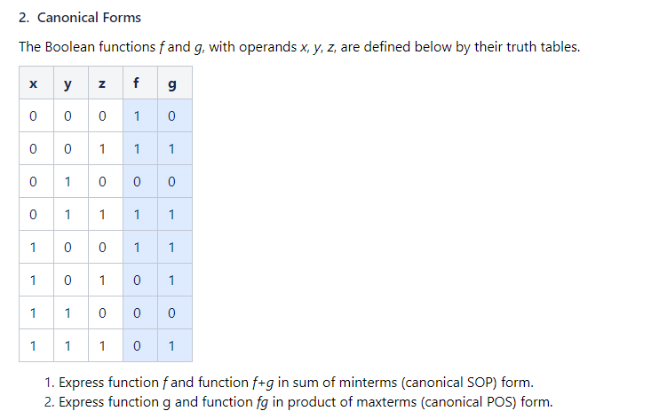 2. Canonical Forms The Boolean functions f and g, with operands