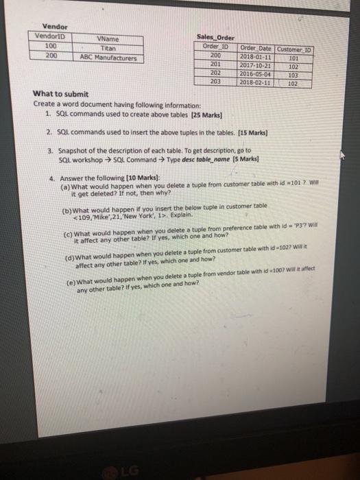 1. (a) Write the SQL statements (SQL Workshop SQL Commands) needed to