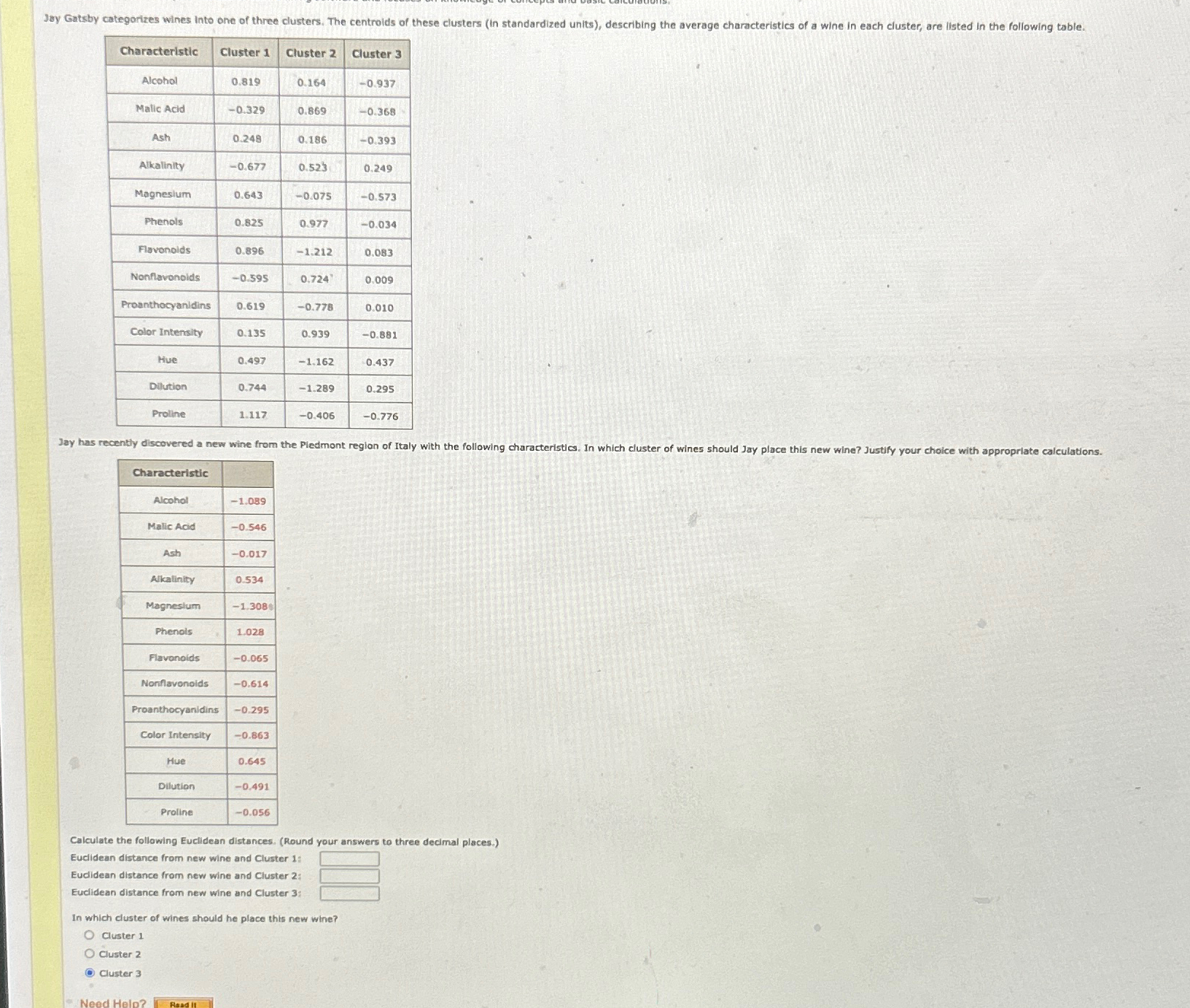  \table[[Characteristic,Cluster 1,Cluster 2,Cluster 3],[Alcohol,0.819,0.164,-0.937],[Malic Acid,-0.329,0.869,-0.368],[Ash,0.248,0.186,-0.393],[Alkalinity,-0.677,0.523,0.249],[Magnesium,0.643,-0.075,-0.573],[Phenols,0.825,0.977,-0.034],[Flovonolds,0.896,-1.212,0.083],[Nonflavonoids,-0.595,0.724,0.009],[Proanthocyanidins,0.619,-0.778,0.010],[Color Intensity,0.135,0.939,-0.881],[Hue,0.497,-1.162,0.437],[Dilution,0.744,-1.289,0.295],[Proline,1.117,-0.406,-0.776]] \table[[Characteristic,],[Alcohol,-1.089],[Malic Acid,-0.546],[Ash,-0.017],[Alkalinity,0.534],[Magnesium,-1.308],[Phenols,1.028],[Flavonoids,-0.065],[Nonflavonoids,-0.614],[Proanthocyanidins,-0.295],[Color Intensity,-0.863],[Hue,0.645],[Dilution,-0.491],[Proline,-0.056]] Calculate the